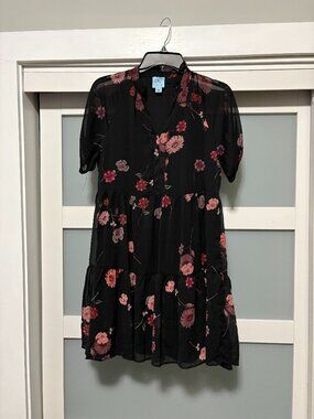 CeCe Ladies Dress Ruffle Mini sz XS Black Floral Lined Cute